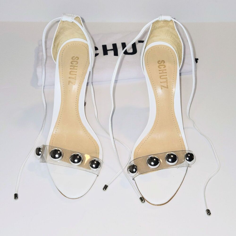 SCHUTZ Sandals White Heels Silver Studs Ramon Leather Shoes Women Size 7.5 NEW - Picture 2 of 9